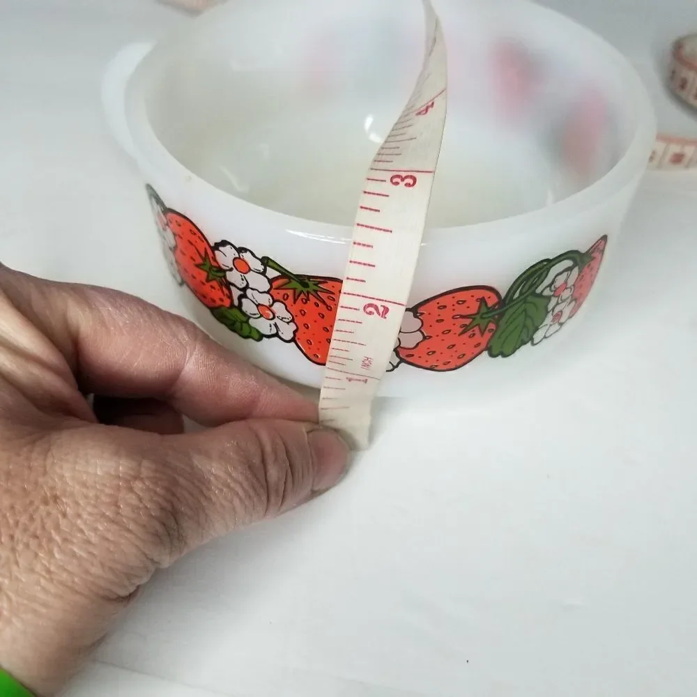 Glass bake  USA made handled bowl with  strawberries detail